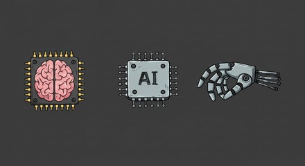 Three icons representing AI a brain in a chip an AI chip and a robotic hand