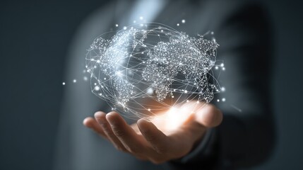 Global Connectivity: A single hand cradles a glowing, intricate representation of the world, symbolizing the interconnectedness of digital networks.