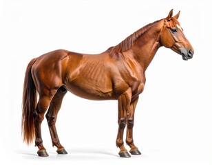 Obraz premium Elegant Chestnut Horse: A majestic chestnut horse stands proudly, its sleek coat gleaming, embodying grace and strength in a captivating side profile.