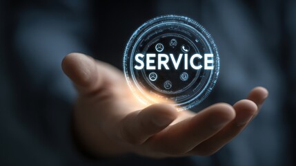 Service Offering: A close-up image captures a hand holding a glowing holographic display with the word SERVICE at its center, radiating a sense of technological advancement and dedication.