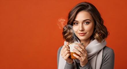 A woman enjoys a hot beverage, smiling warmly on a vibrant orange background.