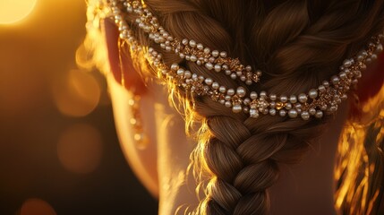 Golden braided hair adorned with pearls, sunset background, portrait