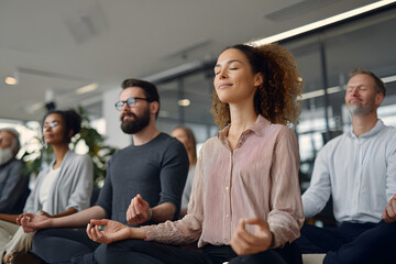 Mindfulness at Work - Employees participating in a meditation session in a corporate wellness program - AI Generated