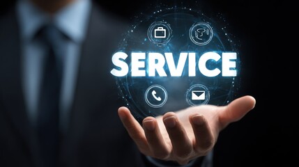 Digital Service in Hand: A person in a business suit presenting the word SERVICE within a glowing digital interface, representing customer service.