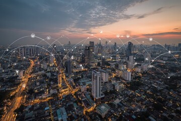 Connected City at Twilight: A sprawling cityscape glows with interconnectedness as dusk descends, with digital network lines superimposed.