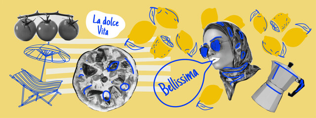 Mediterranean summer collage with pizza, chaise lounge, lemons, tomatoes, coffee pot, and a girl illustration. Vector design in La Dolce Vita aesthetic.