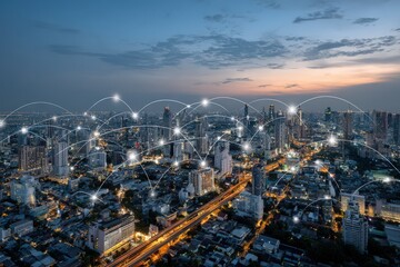 Fototapeta premium Smart City Network: A dynamic cityscape is overlaid with a network of illuminated connections, visualizing modern infrastructure, innovation, and digital transformation.