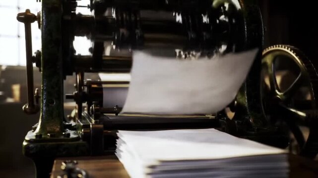 Vintage printing press in operation, feeding blank sheets of paper through the mechanism.