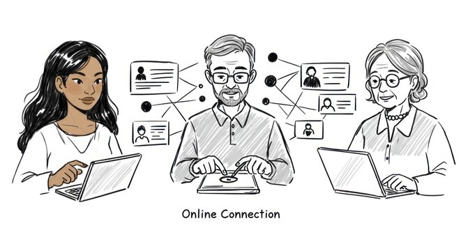 Three people of diverse ages and ethnicities connected online