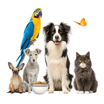 A group of diverse pets isolated on transparent background