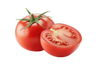 Whole and halved red tomato, vibrant red flesh