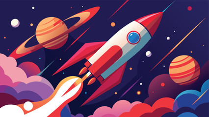 A rocket taking off with a vibrant space backdrop filled with stars, illustrating the journey into the unknown universe..eps