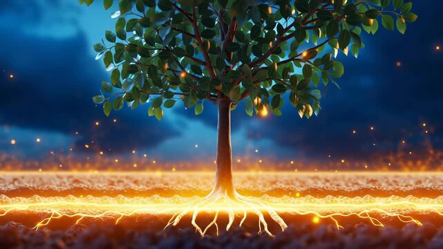 Tree with luminescent golden roots spreading underground, surrounded by magical twilight atmosphere with glowing particles and blue cloudy sky. Detailed root system radiating energy through soil