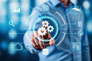 businessman pressing social network icon