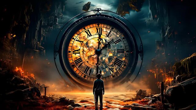 Surreal scene of a man facing a giant clock in a fiery landscape