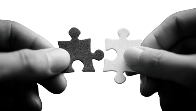 Two hands hold puzzle pieces fitting together