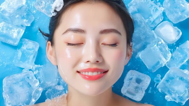 Young woman with closed eyes experiencing refreshing skincare treatment surrounded by translucent blue ice cubes. Soft smile, smooth skin, serene expression. Cosmetic procedure