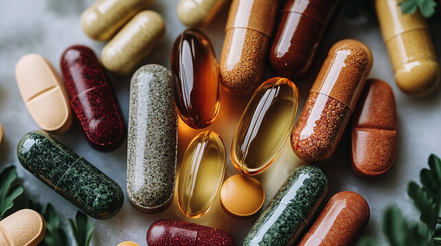 Colorful capsules and various pills are openly displayed on a light surface, showing a diverse range of wellness supplements.