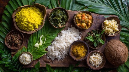 Sri Lankan rice curry spread with banana leaves coconut shells tropical vibe