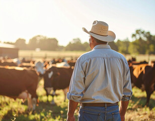 Farmer in cowboy hat standing in pasture, watching herd of cows at sunrise. Rural countryside lifestyle symbolizing agriculture, farming, livestock care, and traditional ranch work.