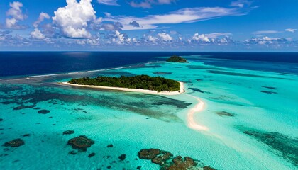 Obraz premium Spectacular Aerial Seascape of a Tropical Atoll, Winding Sandbar, and Turquoise Lagoon