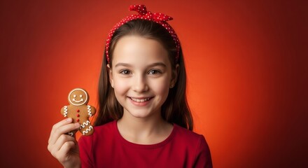 A joyful young girl holds up a gingerbread man during the holidays.