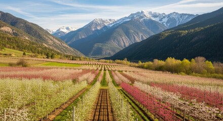Fototapeta premium Picturesque cherry blossom orchard in bloom with rows of pink flowering trees leading towards majestic snow-capped mountains.