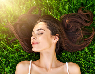 Young woman relaxing on green grass with closed eyes and a gentle smile, enjoying sunlight and tranquility, symbolizing harmony, relaxation, wellness, beauty, and peaceful outdoor lifestyle.
