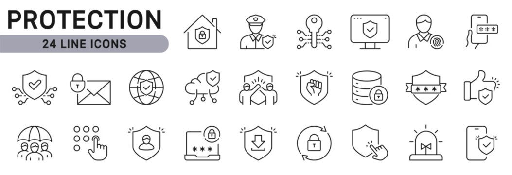 Protection icons set with Lock, Privacy, Shield, Password, Safety. Editable Stroke