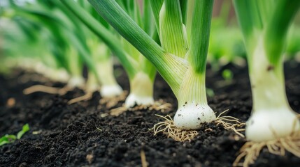 Fototapeta premium Growing Onions in the Garden: A Close-Up View