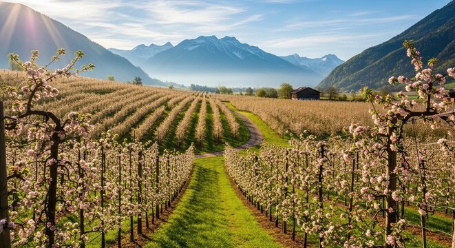 Beautiful apple orchard in full bloom with rows of flowering trees and majestic snow-capped mountains in the background. - Powered by Adobe