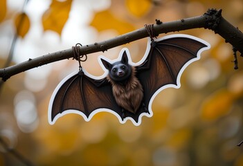 A bat sticker is hanging on a tree branch representing festival like Halloween in autumn season