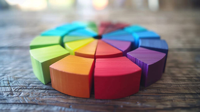 Colorful segmented pie chart on a rustic wooden table