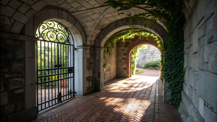 entrance to the old castle Rusted Iron Gate in Stone Archway Passage 