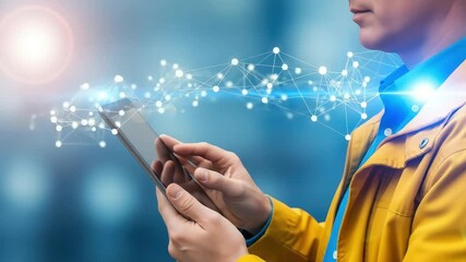A person uses a tablet device with a glowing blue digital network overlay, symbolizing global connectivity and technological advancement - Powered by Adobe