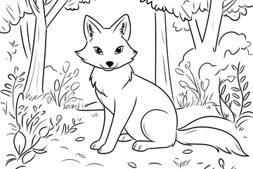 Obraz premium Outline of a fox sitting in the forest, no color, simple drawing for kids.