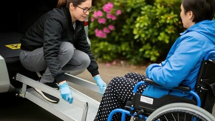 A compassionate caregiver assists a person in a wheelchair onto a ramp, facilitating safe and accessible transportation