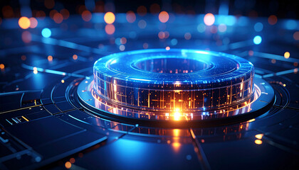 Futuristic Tech Interface: An illuminated, futuristic interface in shades of electric blue and orange, pulsating with digital energy. A captivating representation of innovation, high-tech design.