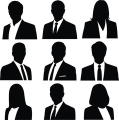 Silhouettes of business professionals in formal attire, head and shoulder portraits, flat vector illustration for corporate, team, HR, office useSilhouettes of business professionals in formal 