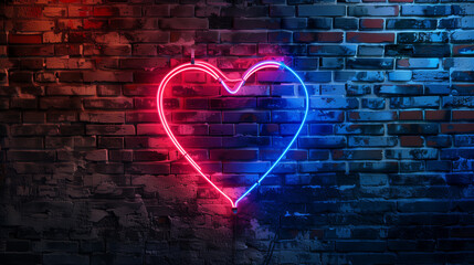 Neon heart on a rustic brick wall creates a captivating contrast, blending urban edginess with affectionate symbolism. A neon heart, radiant in red and blue hues, is mounted on a weathered brick wall.