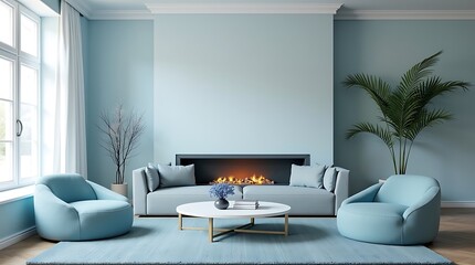 Obraz premium Serene living room with a modern fireplace and plush teal armchairs creating a tranquil and inviting atmosphere