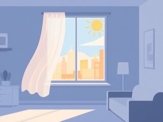 Cozy living room with sunlight streaming through sheer curtains  