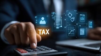 Tax Calculation in the Digital Age: A close-up shot of a hand using a calculator, with digital financial data overlaid.