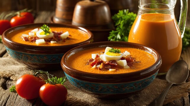 Traditional Spanish salmorejo served in rustic bowls with egg and ham toppings