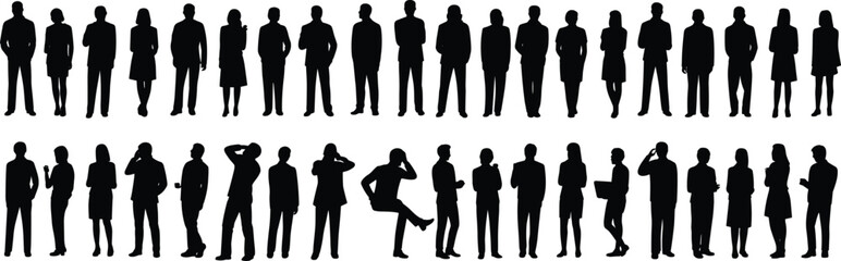 people silhouette, office staff, formal team standing in various poses, corporate vector art for design projects