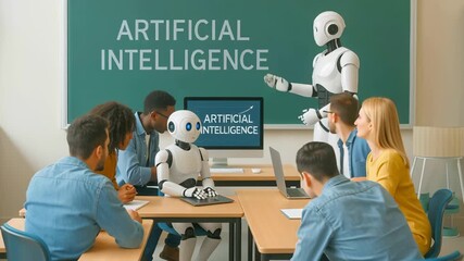 Humanoid robot teaching artificial intelligence to group of students in classroom with green chalkboard and computer screen. Multiple students listen attentively while robot explains AI concepts - Powered by Adobe