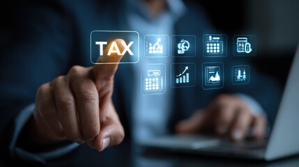 Digital Tax Solution: A hand interacts with a futuristic digital interface, focusing on tax-related symbols, highlighting the modern approach to financial solutions. 