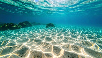 Obraz premium Sunlit Caustic Patterns Dance Across a Pristine Sandy Seabed in Clear Turquoise Waters