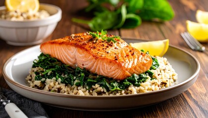 salmon with creamy spinach and wild rice