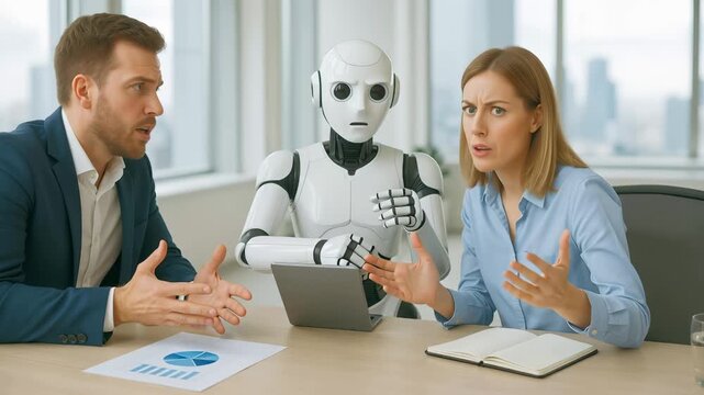 Two professionals engage in heated discussion with humanoid robot during business meeting. Robot positioned between man in blue suit and woman in blue shirt, attempting to mediate conversation